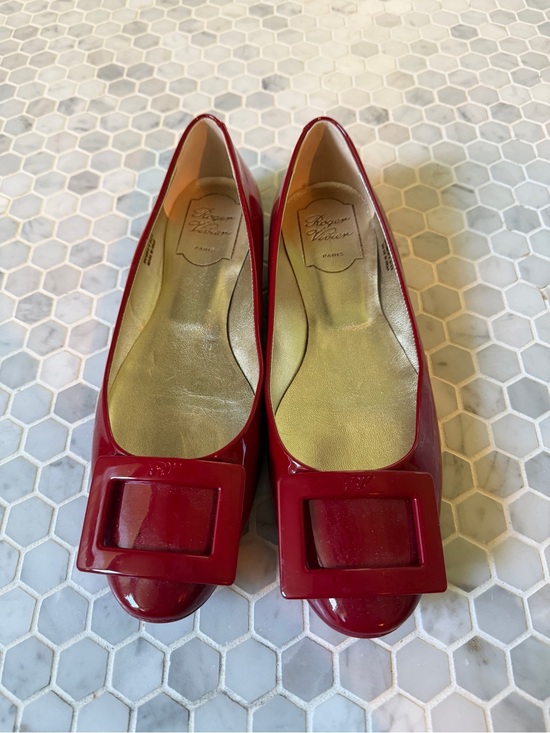 Roger Vivier Shoes - Roger Vivier Red Patent Square-Buckle Flats
